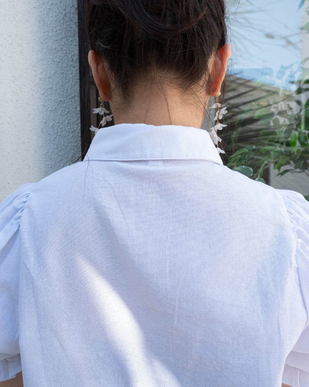 コットンリネン袖ボータイリボンシャツ