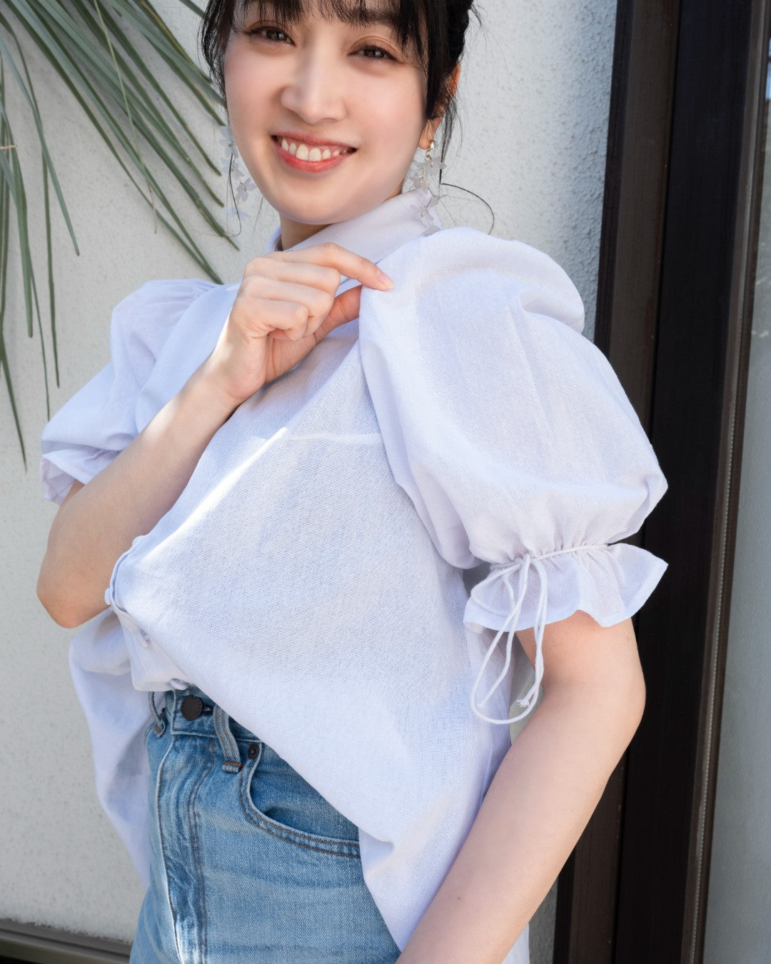 コットンリネン袖ボータイリボンシャツ
